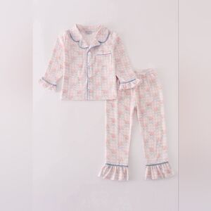 Girls Pink Floral Ruffle Pajama Set with Blue Trim
